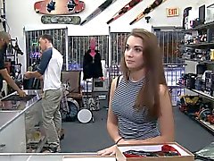 Pretty brunette babe pawns her pussy and fucked by pawn guy