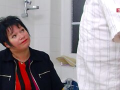 Chubby German old Mother fucks her step son in bathroom