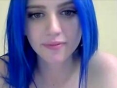 Blue haired girl rubs ice and plays with dildo