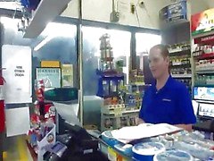 Sandy flashing and sucked by a clerk