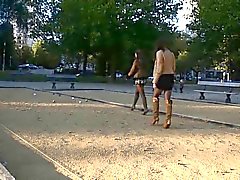 sexy girls in Shortest miniskirt playing petanque