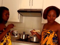 Black Lesbian MILF Couple Feeding Dildo