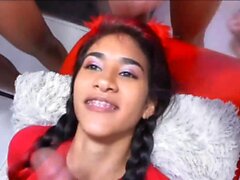 Latina Teen Gives Oral to Three Guys