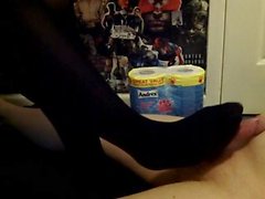 Young boy gets pantyhose footjob and handjob