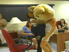 Hot brunette sucks down the evil bear easily