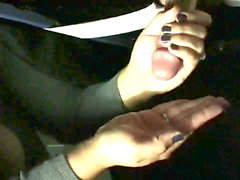 Handjob post orgasm torture, footjob under the table