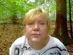 cumming on a granny face in the forest