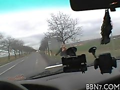 Hitchhiking blonde returns the favor with a blowjob