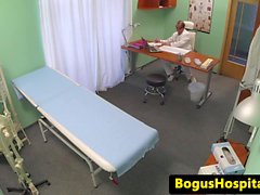 Skinny patient squirts while doc fingers vag