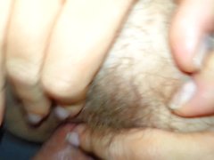 Early morning footjob, creampie in hairy pussy