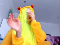 Webcam blonde plays with toy