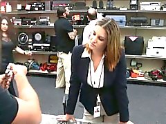 Busty businesswoman ends up fucked in the pawnshop for money