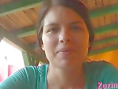 Horny Zuzinka is fingering herself in public at a bar