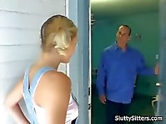 Blonde babysitter sucks her bosss cock